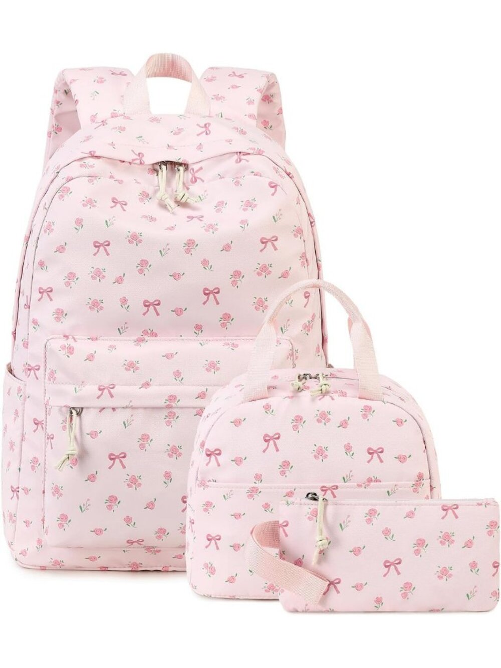 Stylish Teen Girls School Backpack Set with Lunch Box & Pencil Case - Pink Bow